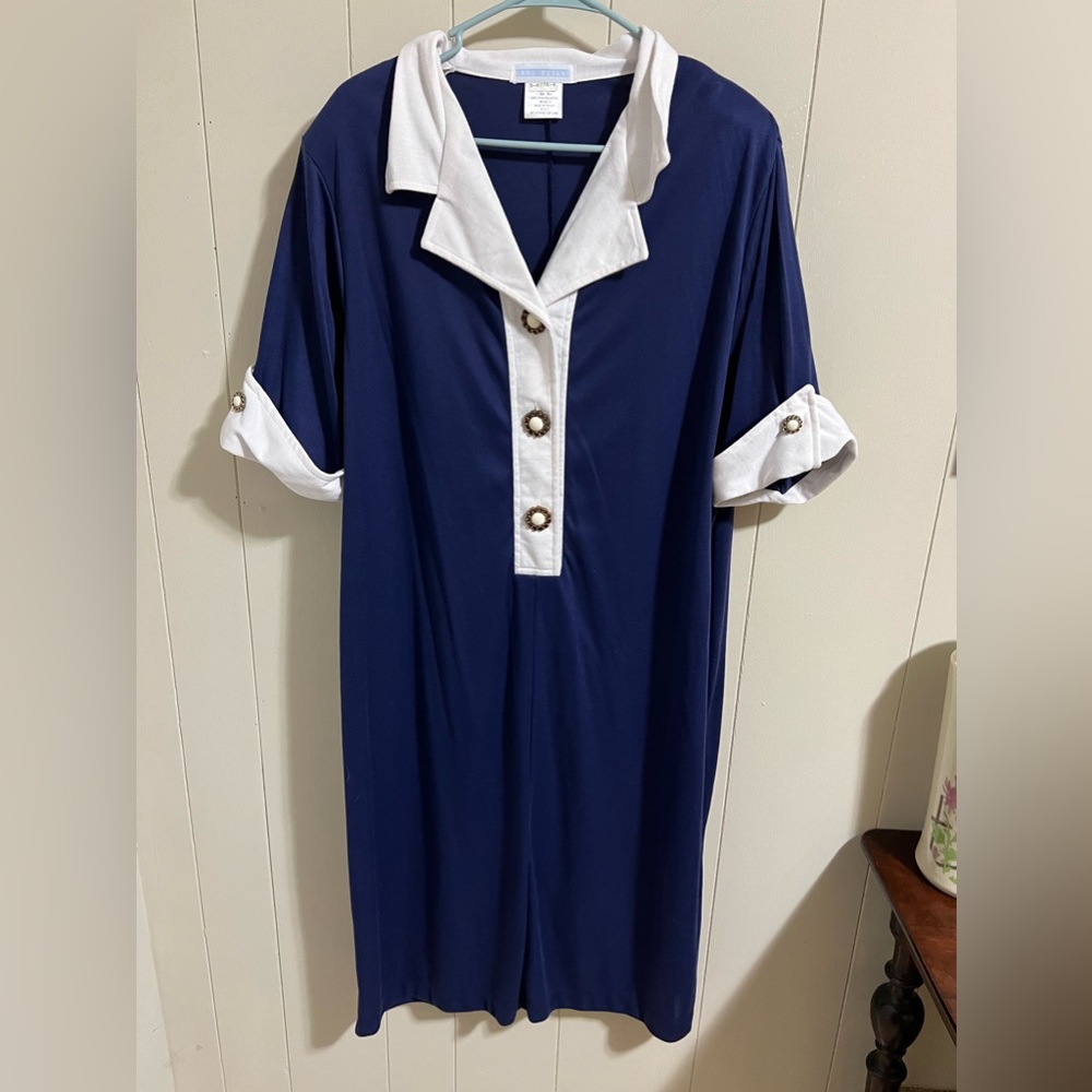 Vintage retro lane Bryant 80’s gold button navy white dress plus size B2 20/22